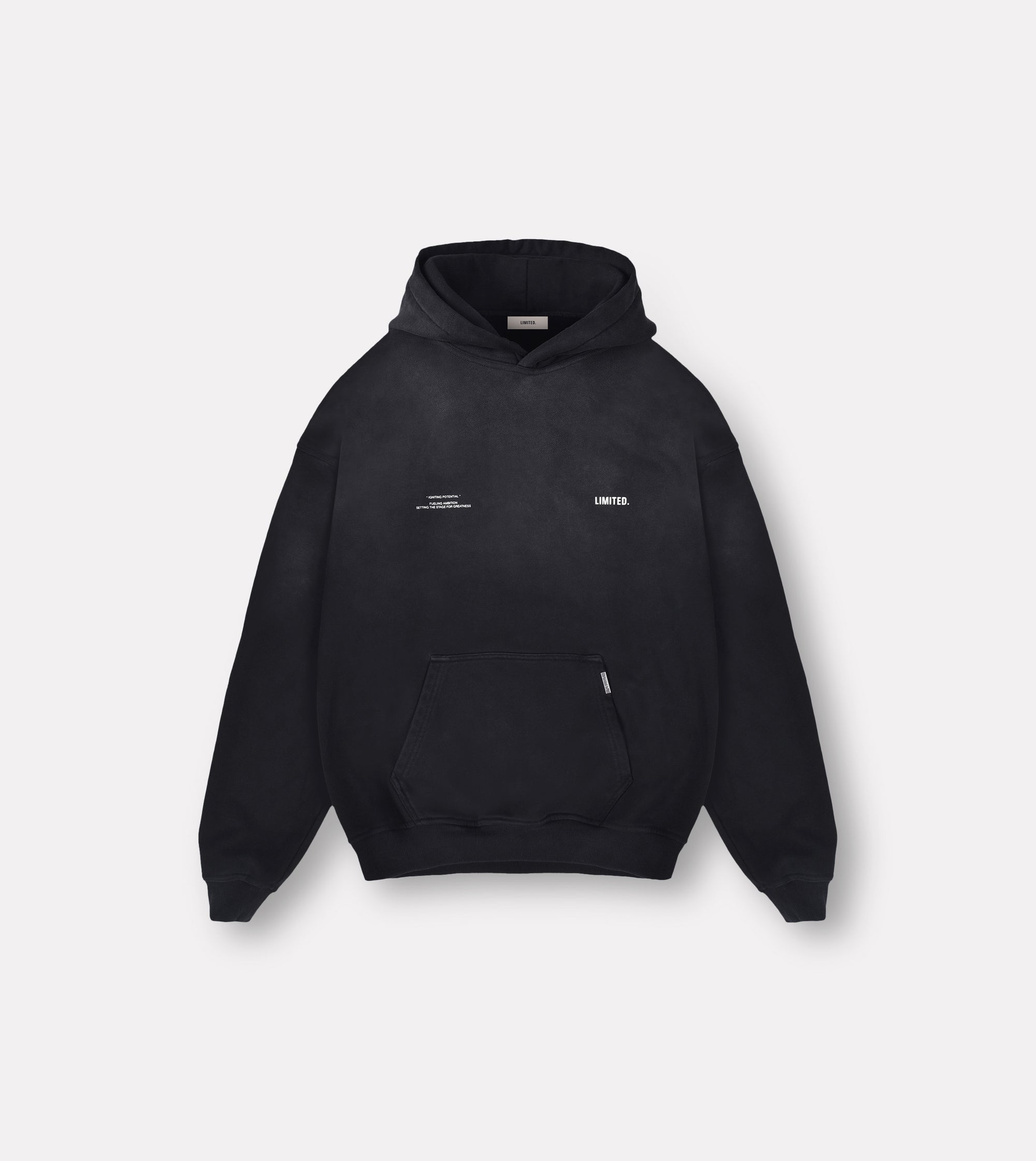 LIMITED. mens oversized front view Ascent hoodie in Stained Black with white chest branding and kangaroo pocket featuring the brands metal bar