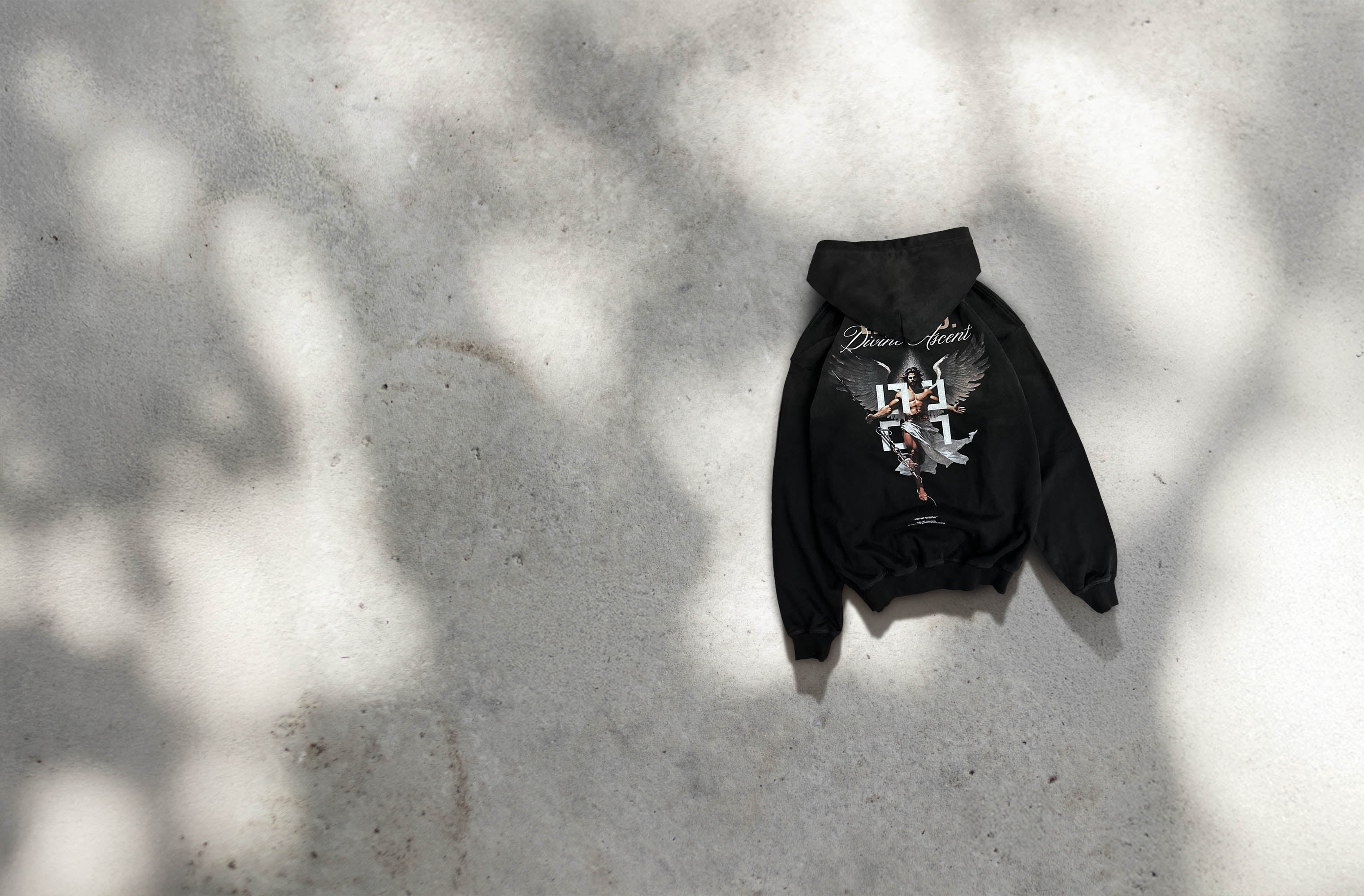 Ascent Graphic Oversized hoodie with distressed graphics finished in stained black