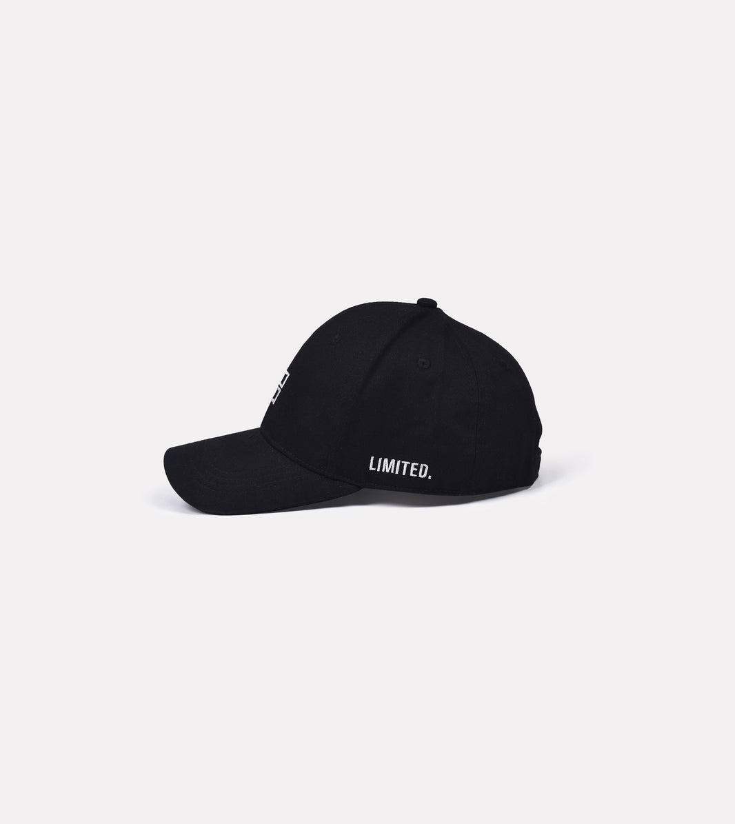 LIMITED. black baseball hat front view with white signature infinity logo and side embroidery LIMITED.