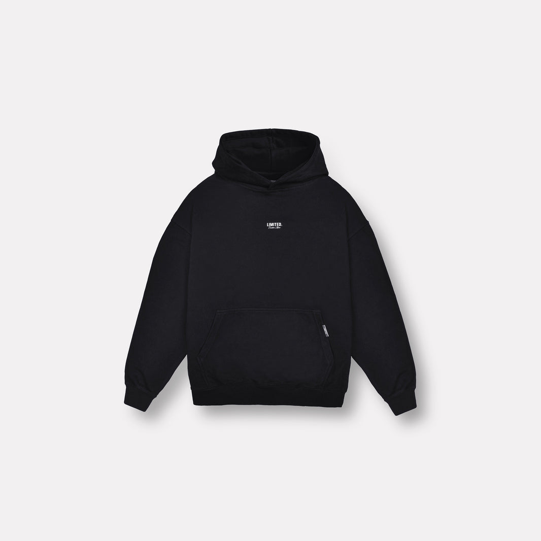 LIMITED. mens oversized front view hoodie in Black with small white logo and kangaroo pocket
