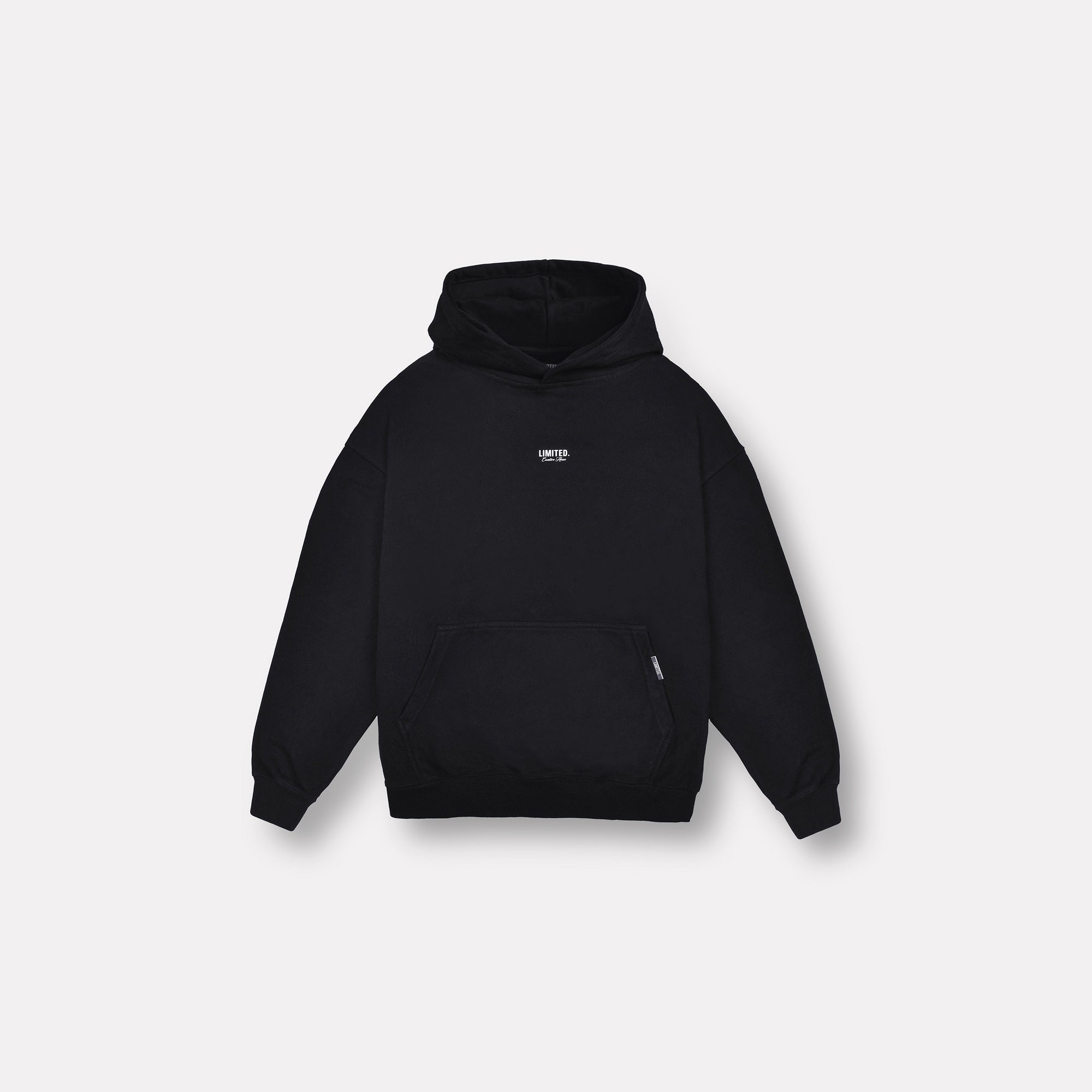 LIMITED. mens oversized front view hoodie in Black with small white logo and kangaroo pocket