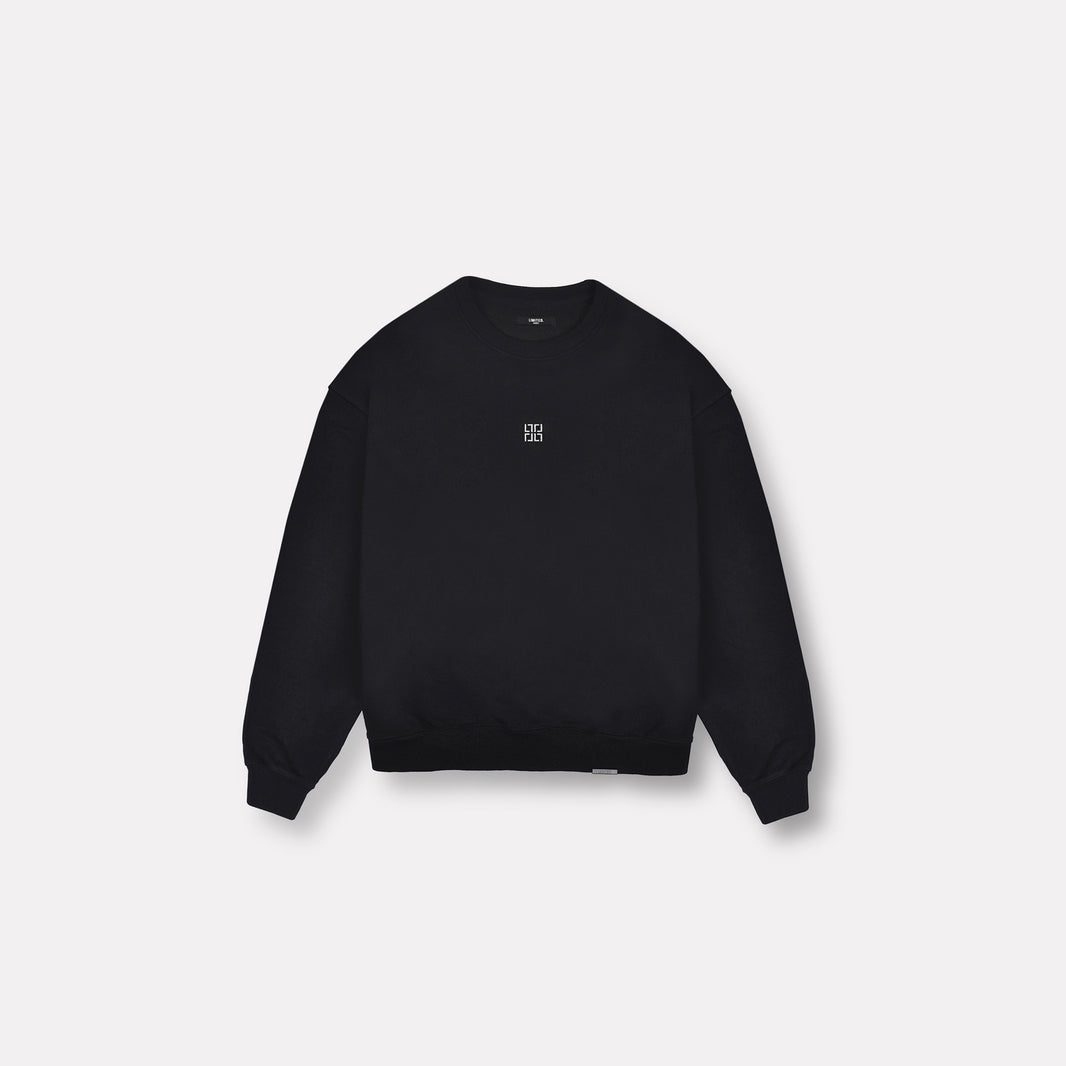 LIMITED. mens oversized front view sweatshirt in Black with small white logo embroidery