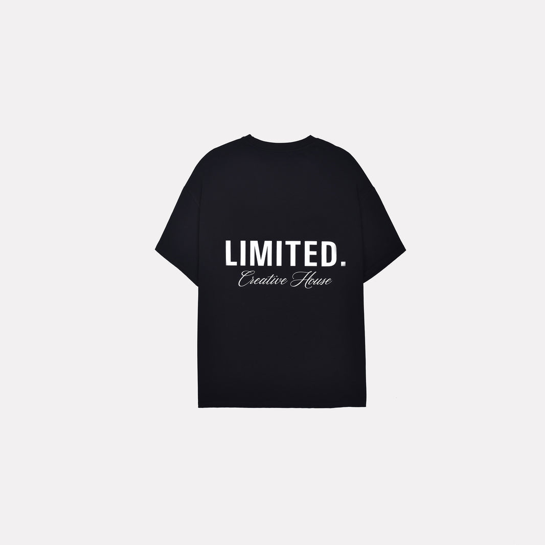 LIMITED. Oversized mens t-shirt in black with white signature 'Creative House' branding on the back.