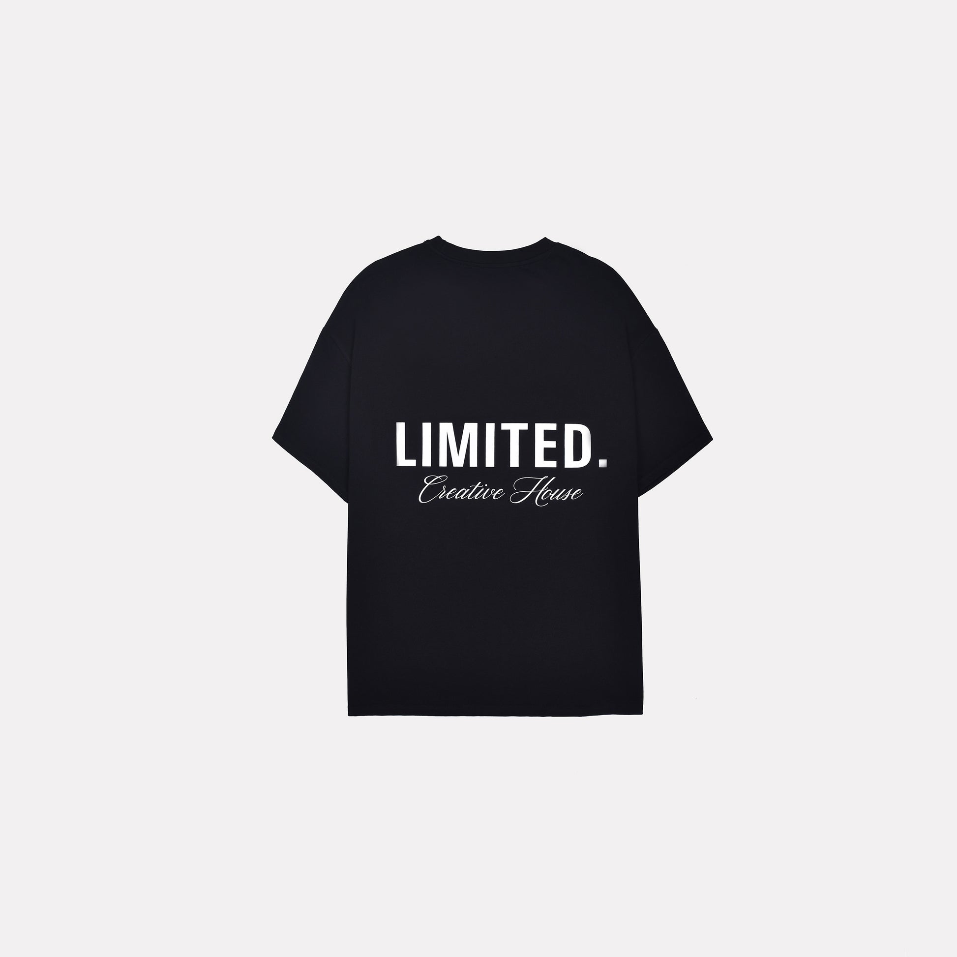 LIMITED. Oversized mens t-shirt in black with white signature 'Creative House' branding on the back.