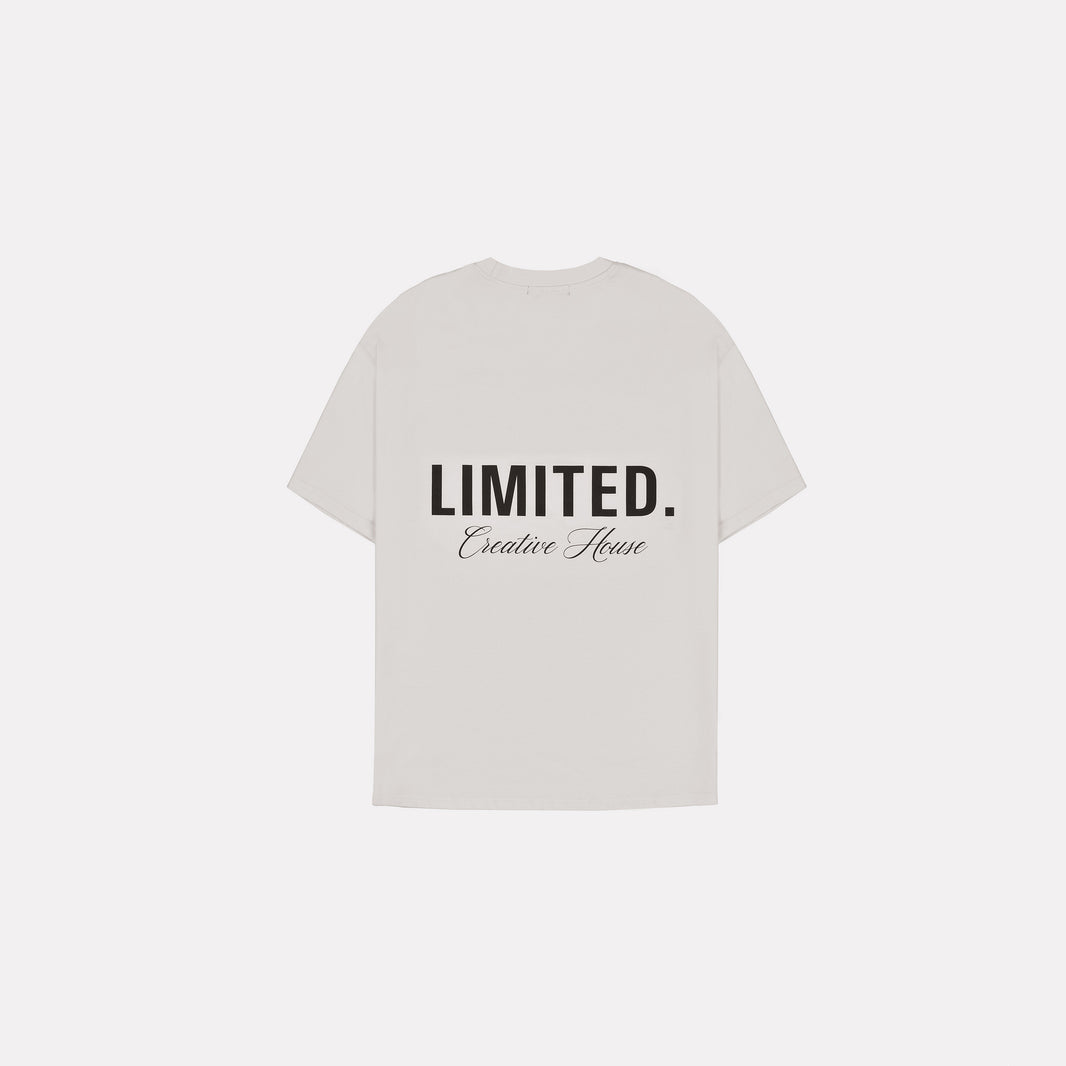 LIMITED. Oversized mens t-shirt in whisper grey with black signature 'Creative House' branding on the back.