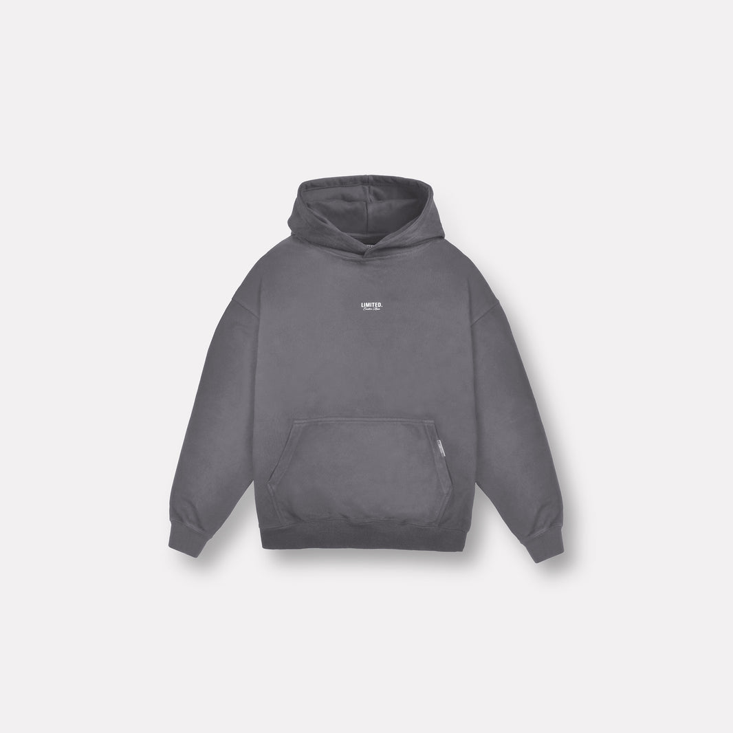 LIMITED. mens oversized front view hoodie in Ultimate Grey with small white logo and kangaroo pocket