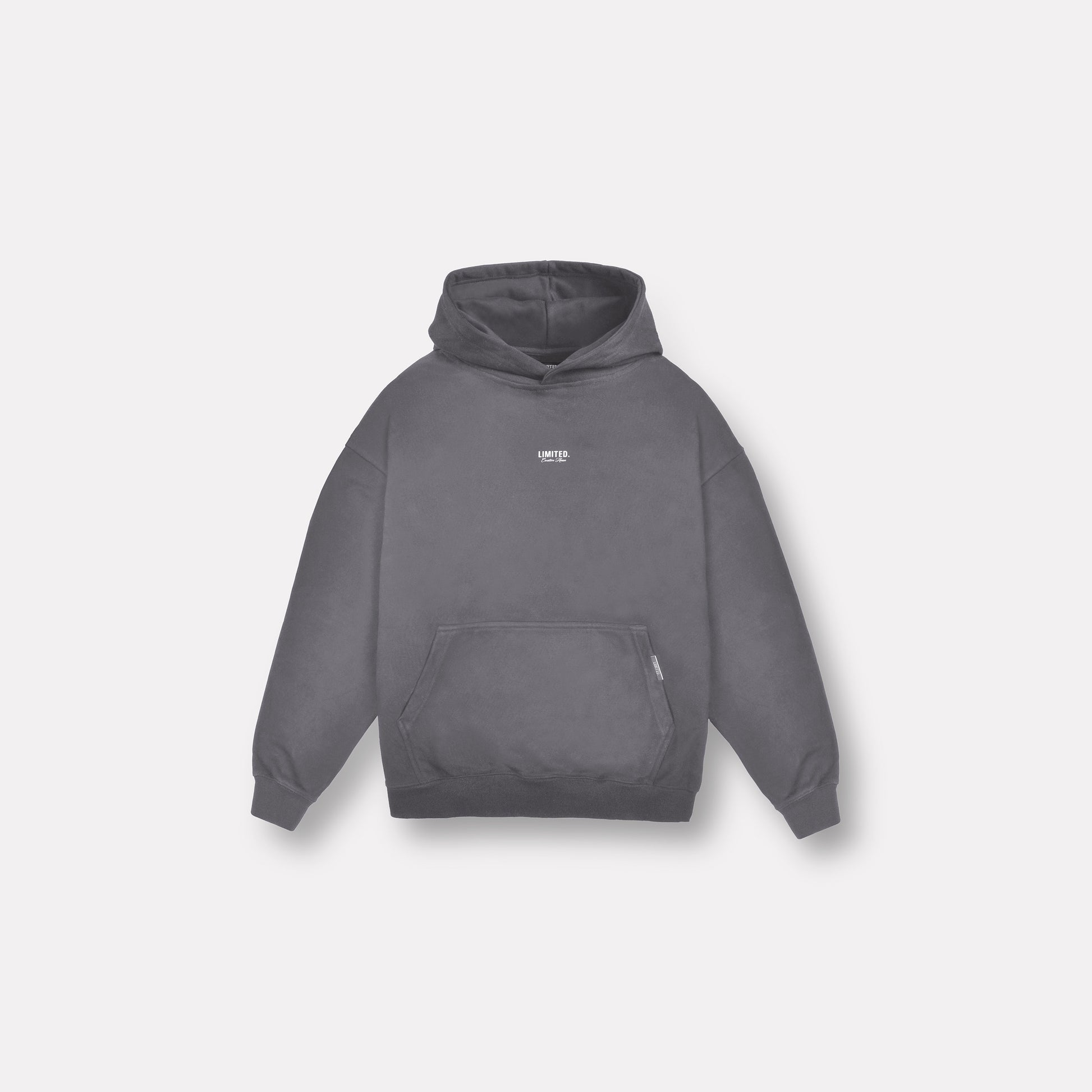 LIMITED. mens oversized front view hoodie in Ultimate Grey with small white logo and kangaroo pocket