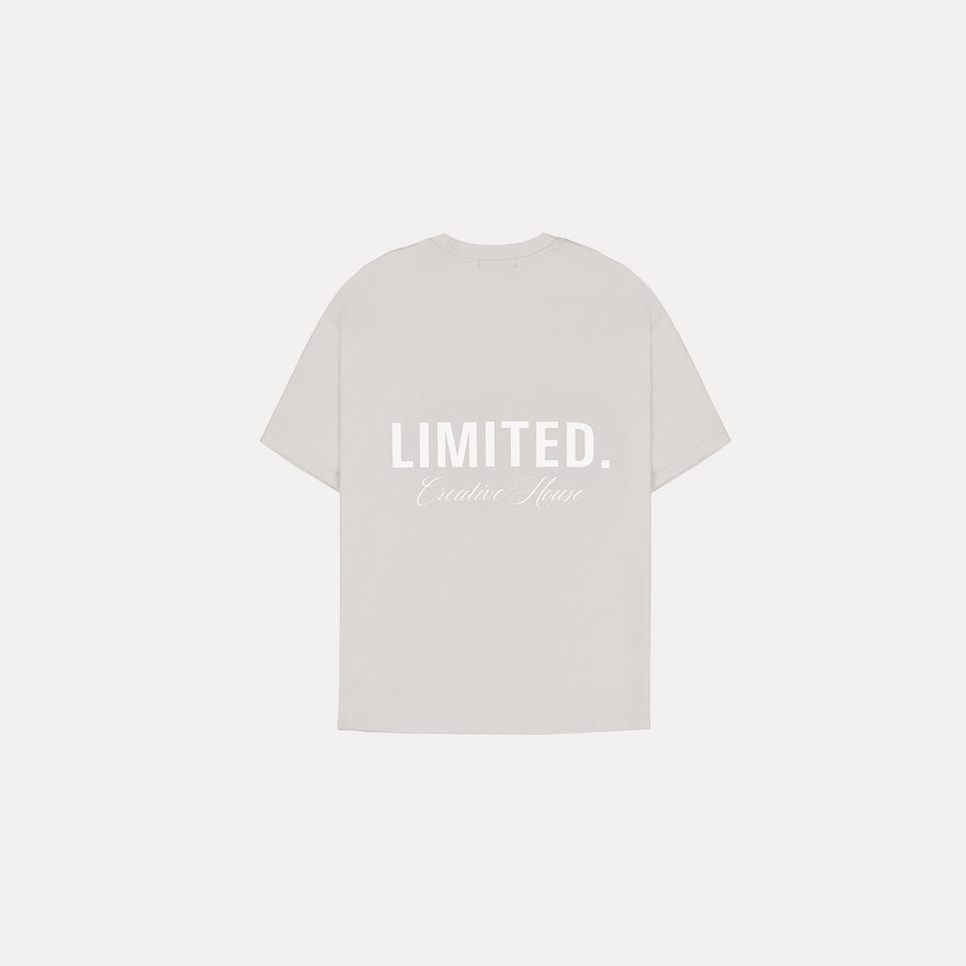 LIMITED. Oversized mens t-shirt in whisper-grey with white signature 'Creative House' branding on the back.