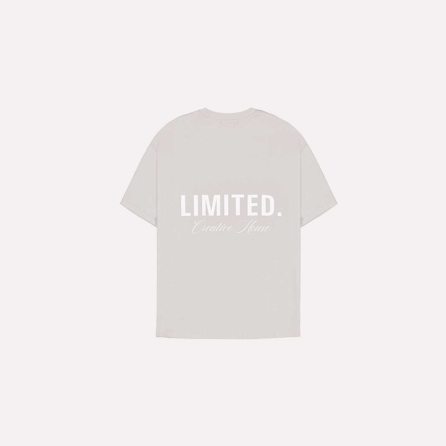 LIMITED. Oversized mens t-shirt in whisper-grey with white signature 'Creative House' branding on the back.