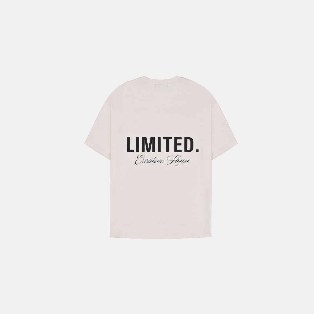 LIMITED. Oversized mens t-shirt in off-white colour with black signature 'Creative House' branding on the back.