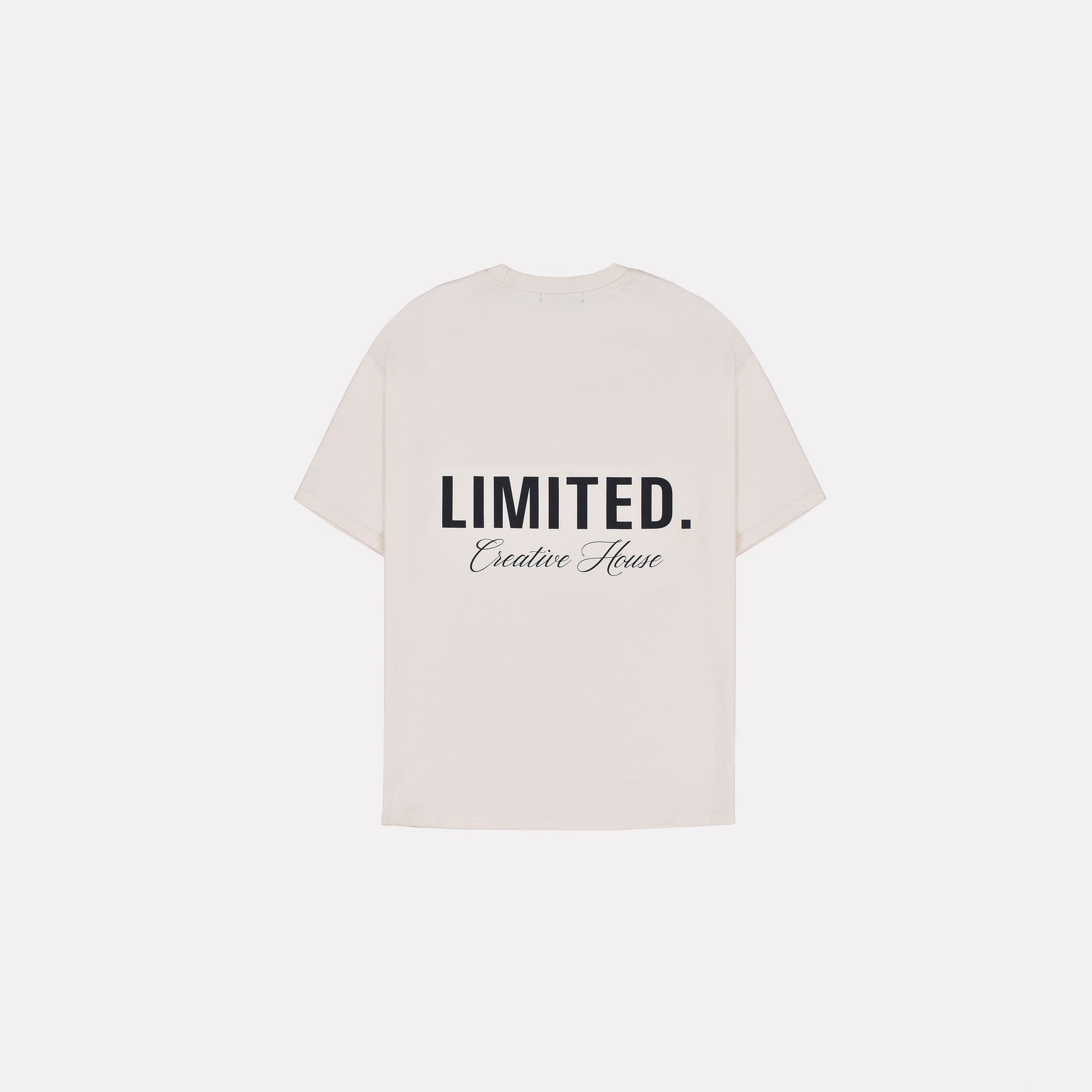LIMITED. Oversized mens t-shirt in off-white colour with black signature 'Creative House' branding on the back.