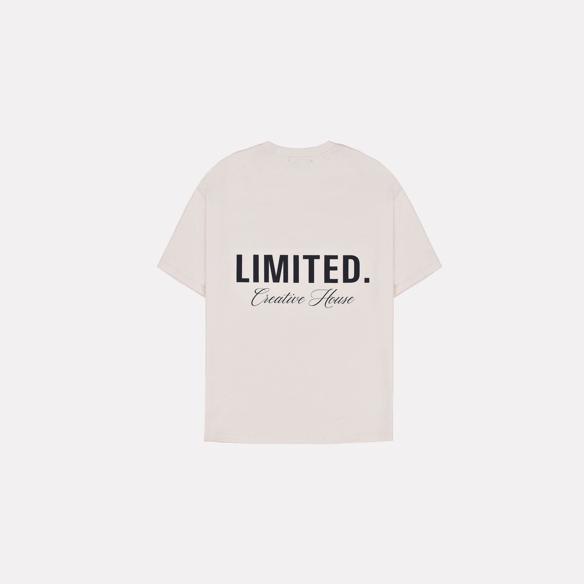 LIMITED. Oversized mens t-shirt in off-white colour with black signature 'Creative House' branding on the back.